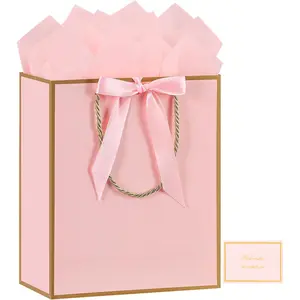 Bag, 1 count  Bags Large with Ribbon and 1 Greeting Cards 2 Tissue Paper, Portable Paper  Bag with Handles, Birthday  Bags,Present Bags for Wedding Party Mothers Day(Pink)