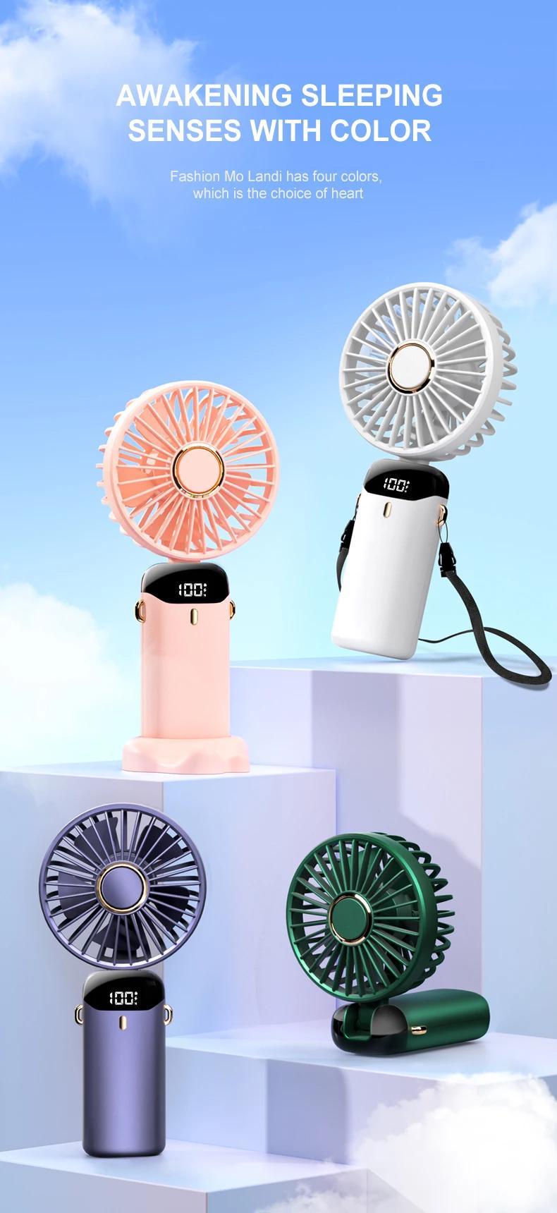 3000mAh Handheld Mini Fan Foldable Portable Neck Hanging Fans 5 Speed USB Rechargeable Fan with Phone Stand and Display Screen