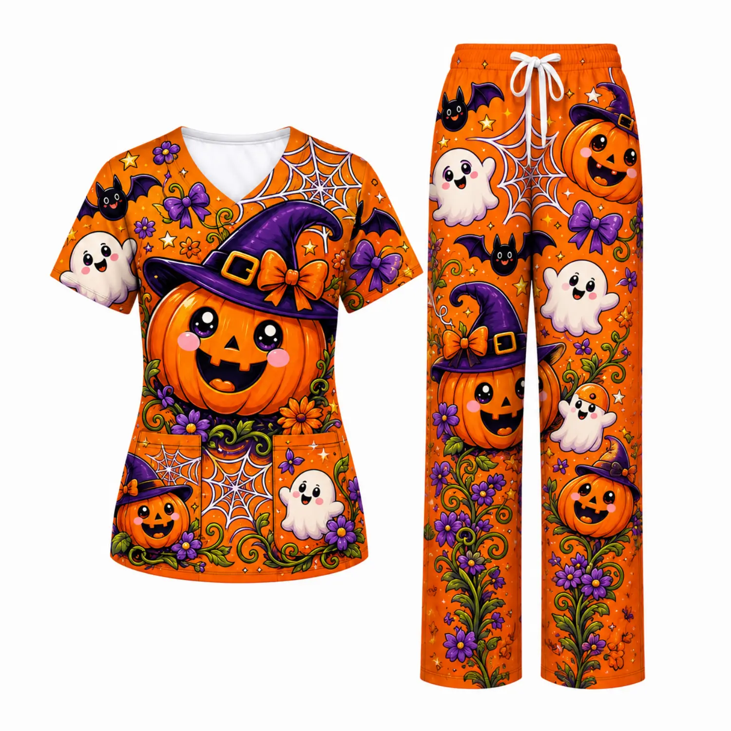 Halloween Nurse Scrub Set - Cute Pumpkins, Ghosts, Bats & Webs Print Stretch Top and Pants for Medical Work