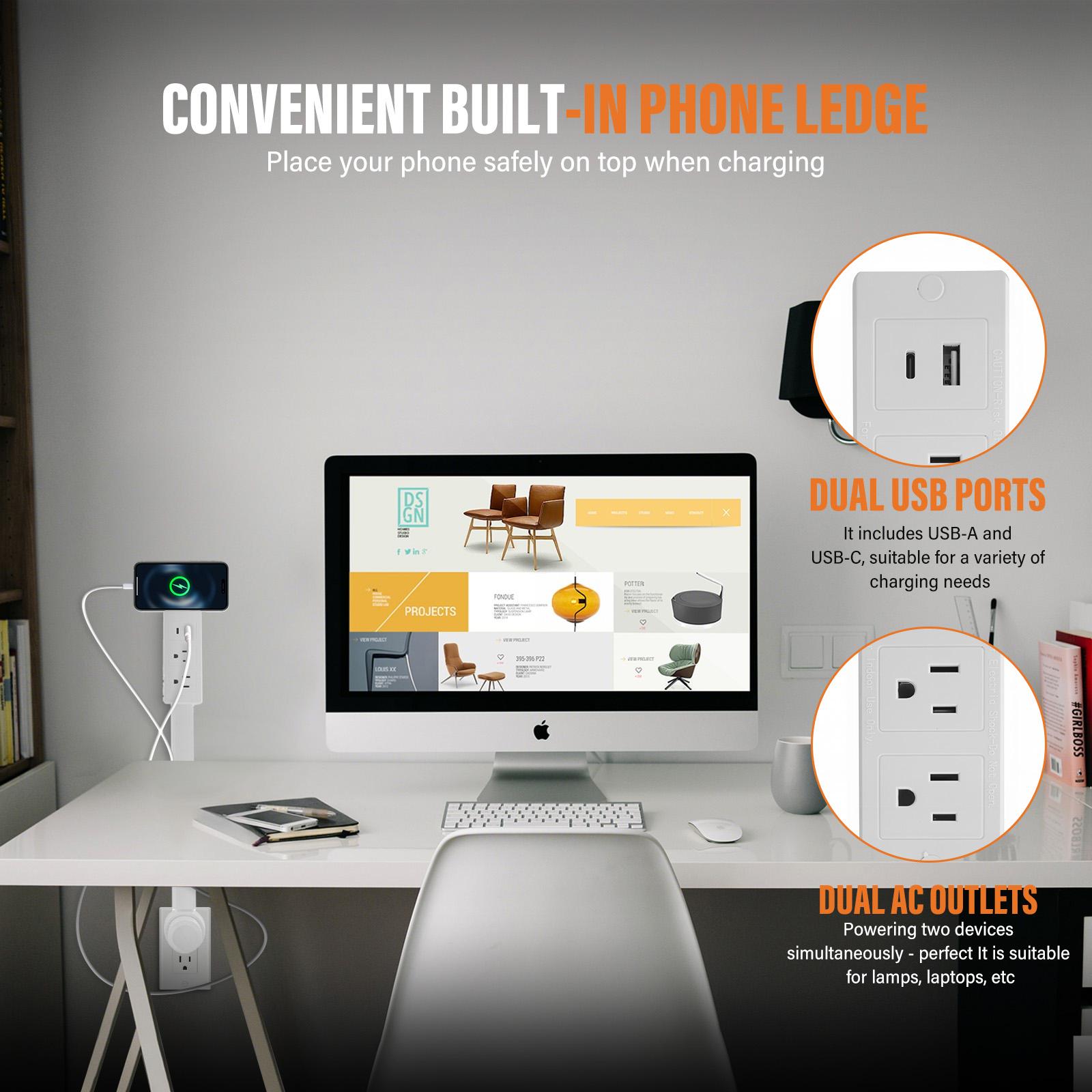 Electrical Outlet Extender Stick - Power Socket Expander, 180° Rotatable Outlet for Hard to Reach Areas, with USB-A, USB-C & 2 AC Outlets, Perfect for Behind Couches, Nightstands & Desks