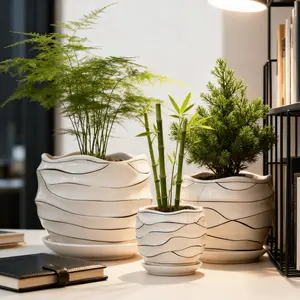 Cute Wavy Edge Ceramic Plant Pots (3 Sizes) - Hand-Painted Flowing Glaze Design, Durable White Striped Containers With Saucers, Perfect For Small/Medium/Large Indoor Plants, Trendy Home Garden Decor Planters