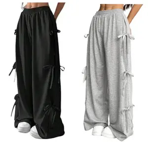 DUTUT Women's Casual Sweatpants Jean High Waist Loose Wide Leg Drawstring Jogging Pants with Side Bow Belt Pockets Elastic Waist Soft Polyester Fabric