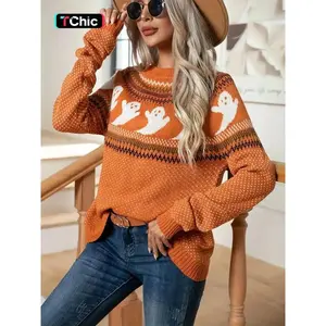 Women’s Halloween Ghost Vintage Polka Dot Long Sleeve Knit Sweater, Loose Fit Autumn/Winter Crew Neck Casual Soft Comfortable Top, Chic Style Knitwear