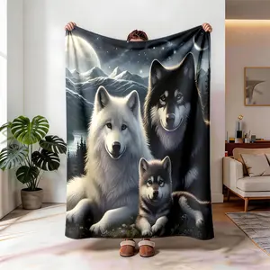 Moonlit Wolf Pack Theme Flannel Blanket, Large Size, Soft and Lightweight, Cozy Throw Blanket, Perfect for All Seasons, Ideal for Bed, Sofa, Office, Camping, Travel