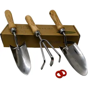 3-Piece Garden Tool Set - Durable Stainless Steel with Wood Handles. Trowel, Rake & Transplanter for Easy Digging, Weeding & Planting - by Truly Garden