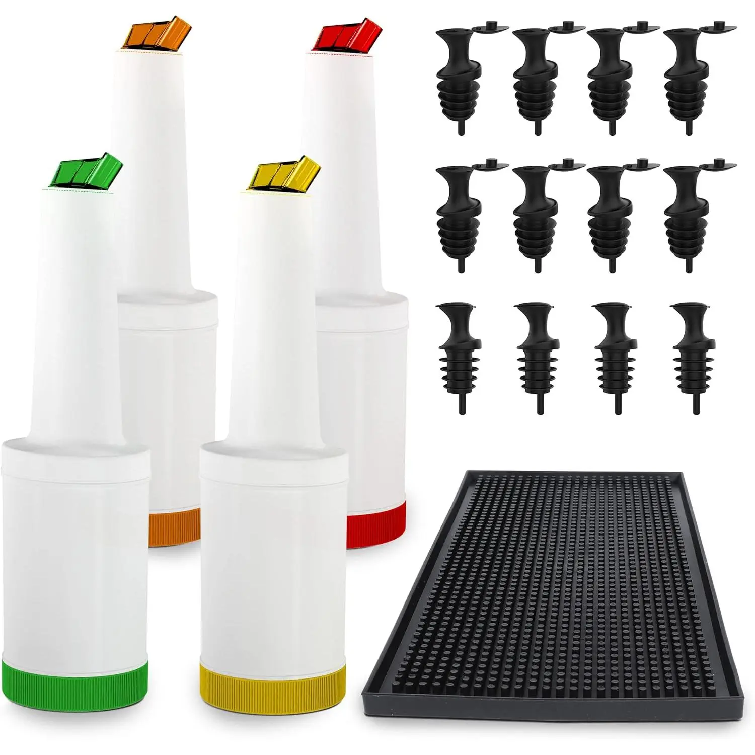Store and Pour Juice Containers 1 Quart - Flow N Stow Fruit Juice Bottles - Easily Mix, Pour, Store - Bar Supplies  and Juice Pouring Bottles - 1 bar mat for countertop - 12 pourers pour spout