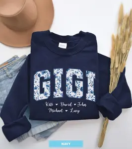 Personalized Gigi Sweatshirt, Dusty Blue Floral Grandma Mama Sweatshirt, Custom Names Mimi Nana Gigi Long Sleeve Shirt, Mothers Day Tee