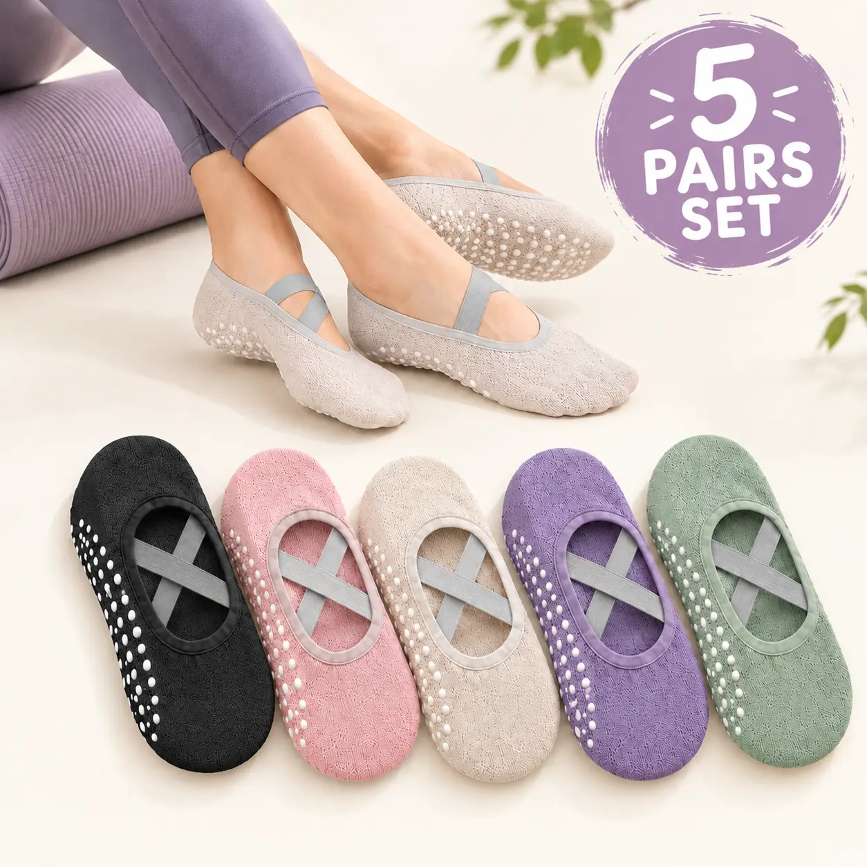 5 Pairs Non-Slip Cross-Strap Plain Cotton Clothing Workout Wear Socks - Soft, Breathable Athletic Socks for Yoga, Pilates, Machine Washable