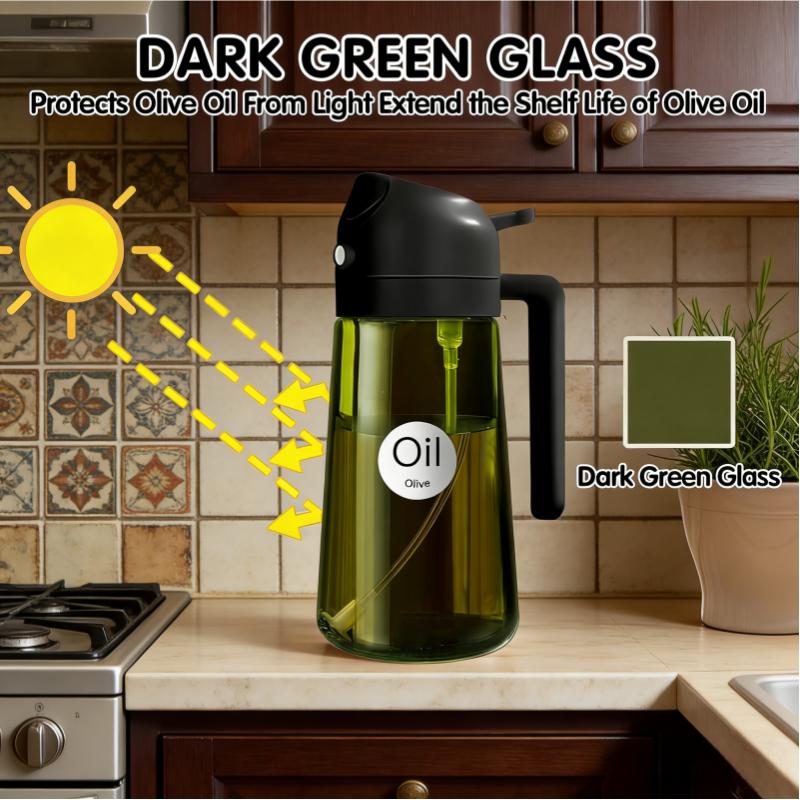 16oz/470ml Light-Blocking Dark Oil Sprayer for Cooking, 2-in-1 Olive Oil Dispenser Bottle for Kitchen, Premium Dark Green Glass Oil Bottle, Food-Grade Oil Mister for Air Fryer, BBQ (Black)