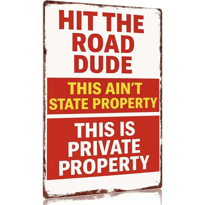 Vibrant Retro Metal Logo Plaque - 12x8 in "Hit The Road Dude Private Property" Sign, Industrial Modern Retro Metal Vibe Home Decor Products, Indoor/Outdoor Wall Decoration for Gift Rooms