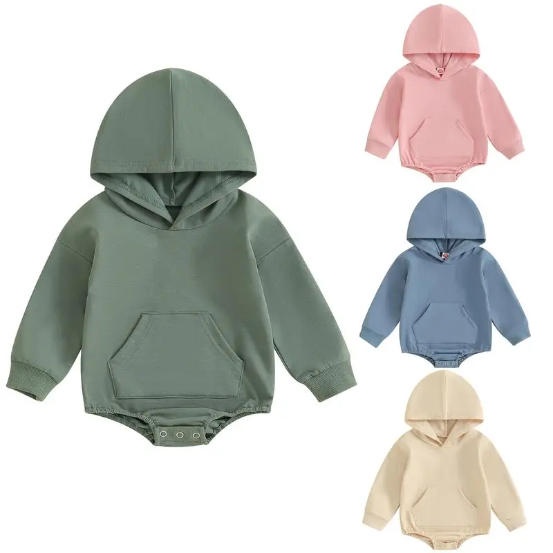 Baby Onesie Newborn Boy Girl Hooded Romper Long Sleeve Front Pocket Solid Color Bodysuit Infant Spring Fall Romper Toddler Outfit Cute