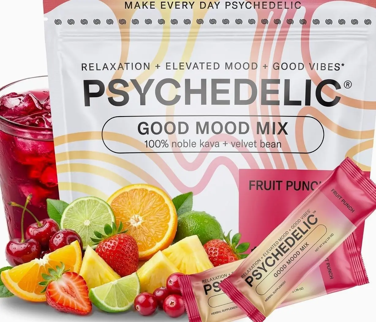 Psychedelic Water Good Mood Mix - Fruit Punch - Powder Packets - Calming Kava Drink Mix - Easy Open Single-Serving - Flavored Kava Powder - Mucuna Pruriens - Stevia - Adaptogen Drink Mix - 14 Stick