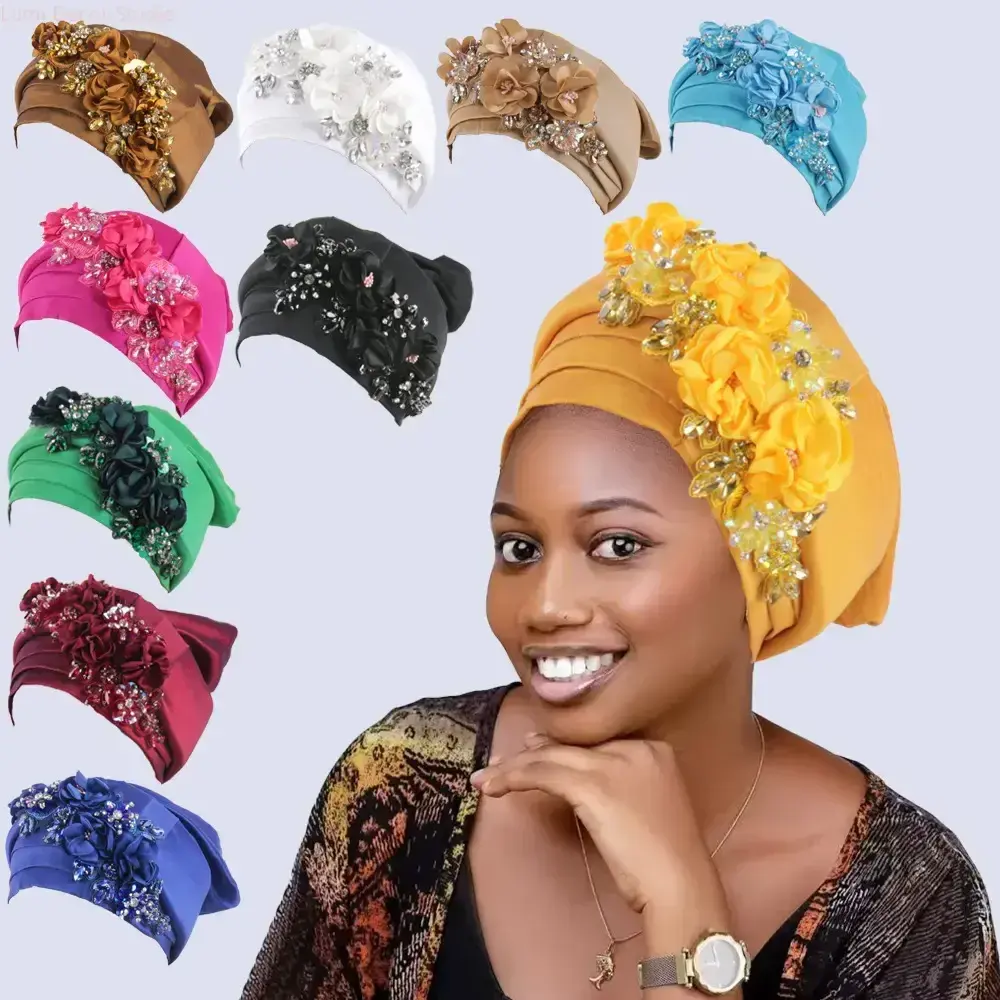 Luxury African Floral Turban Headwrap for Women – Elegant Rhinestone Muslim Hijab Cap, Nigerian Party Headpiece for Weddings, Church & Special Occasions