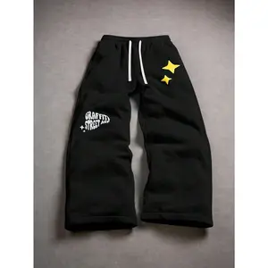Graffiti Star Fleece Pants | Black Streetwear Wide-Leg Bottoms