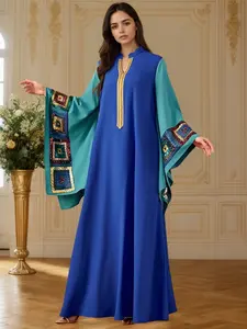 Elegant Embroidered Water Sleeve Abaya, Color Block Design, Perfect for Evening Events, Stylish Muslim Fashion Dress, Embroidery Abaya, Abayas for Eid