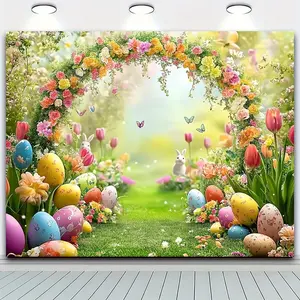1pc Summervibes Polyester Spring Easter Decorative Backdrop - Dreamy Forest Path, Floral Wreath, Bunny, Colorful Eggs, Flowers, Banners - Arched Backdrop Frame for Picture, Party Decoration Supplies, Indoor Holiday Use