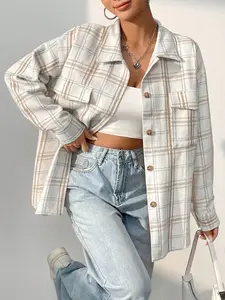 Women's Plaid Print Lapel Pocket Drop Shoulder Casual Button Collared Shirt, Casual Fashion Fitted Slim-Fit Long Sleeve Woven Top for Spring & Fall Casual Wear, Casual Fashion Shirt