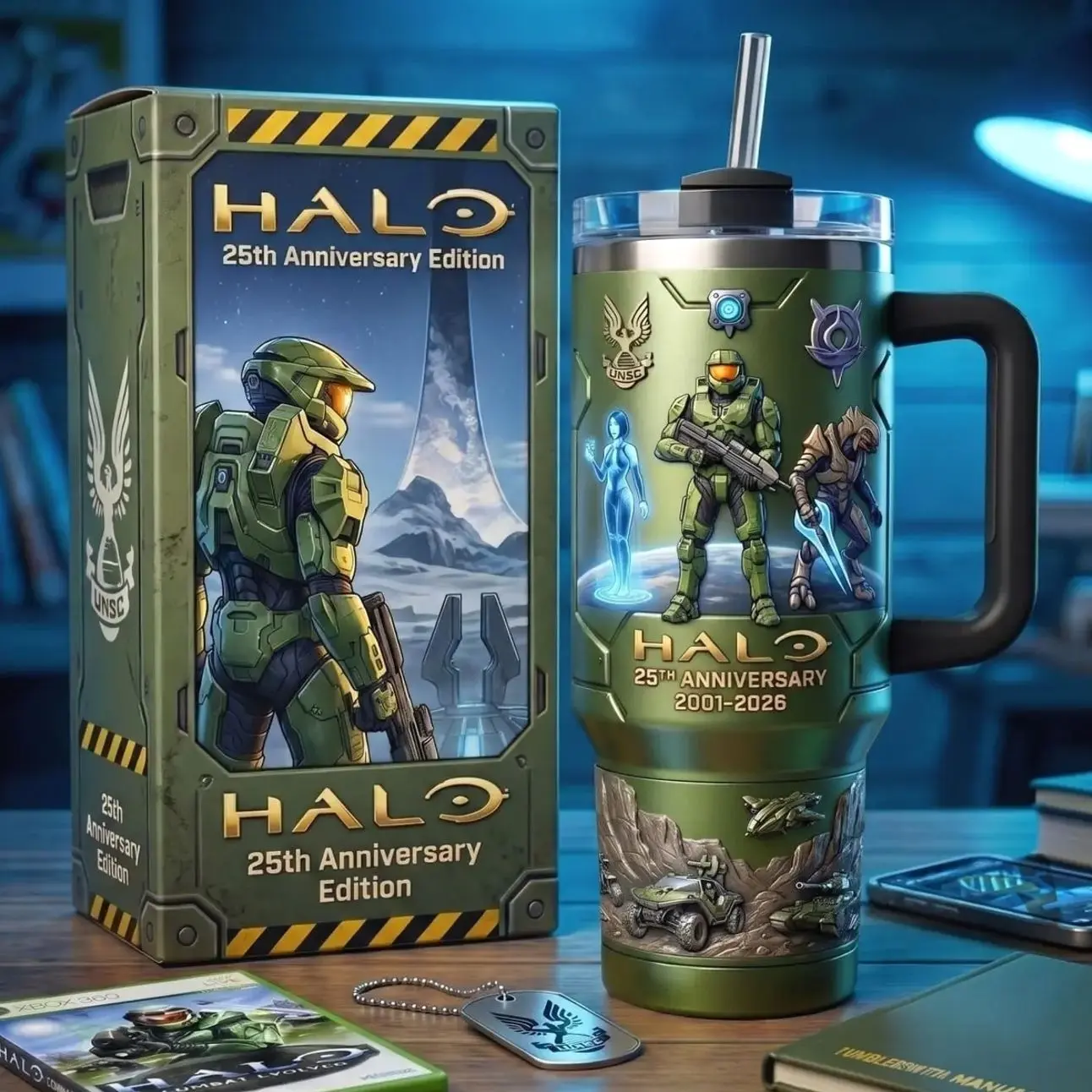 Halo 25th Anniversary V2 40oz Insulated Tumbler With Handle & Straw, 2001-2026 Collector Edition Stainless Steel Travel Mug, Master Chief & UNSC Gaming Cup, Halo Fan Gift