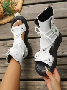 Women's Thick Sole High-Top Roman Sandals, Summer Anti-Slip Buckle Strap, Vintage Hollow Out Breathable Fish Mouth Shoes