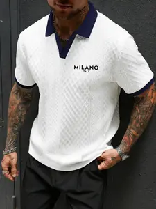 Men's Letter Print Knitted Polo Shirt, Slim-Fitting Short Sleeve, Business Casual Top, High-End Texture Contrast Collar, Stylish T-Shirt, Menswear