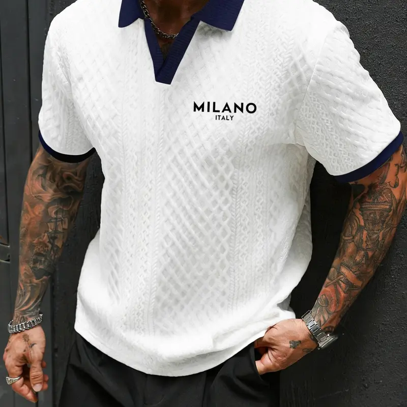 Men's Letter Print Knitted Summer Polo Shirt, Fitted Polo Shirts, Collared Polo, Printed Polo Tops, Slim-Fitting Short Sleeve, Business Casual Top, High-End Texture Contrast Collar, Stylish T-Shirt, Menswear