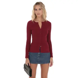 Ribbed Long Sleeve Top in Maroon