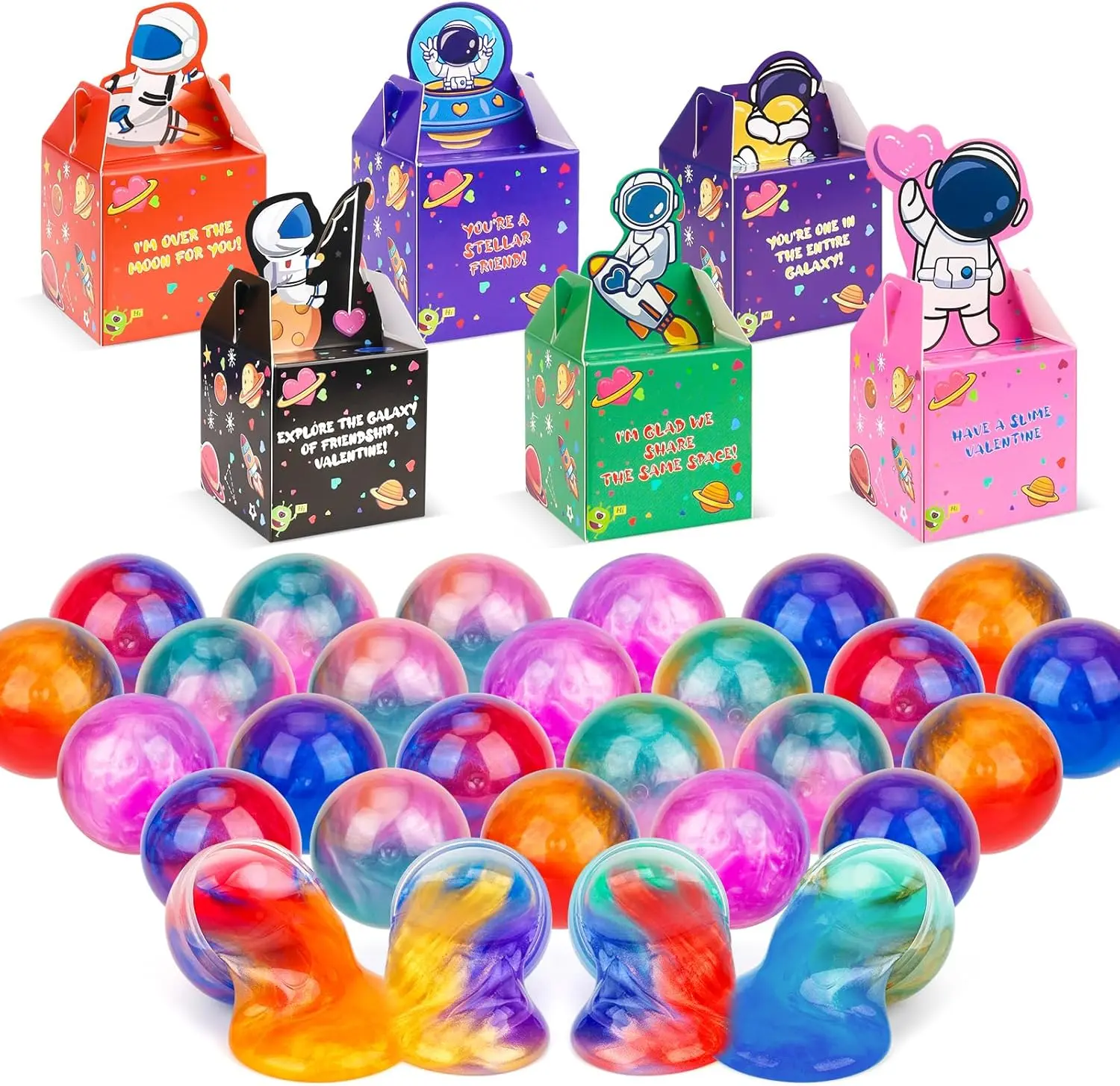 30 Pack Valentines Day Gifts for Kids, Valentines Galaxy Slime with Valentines Day Cards Space Gift Boxes, Valentine Classroom Favors Valentines Cards for Boys Girls Class Exchange Prizes