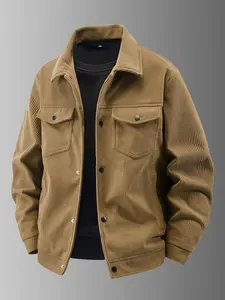 Men's Autumn Casual Corduroy Flight Jacket with Front Flap Pocket snap design Decoration Everyday Men's Coat Medium Size Vintage Style Beige Long Sleeve