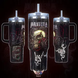 Pantera Band Skull Snakes 40 oz Vacuum Insulated Tumbler with Handle Straw Barbed Wire Graphic Keeps Drinks Hot/Cold 12H+, 18/8 Stainless Steel Travel Mug for Heavy Metal Fans & Rock Music Lovers, Dark Aesthetic Merch Gift