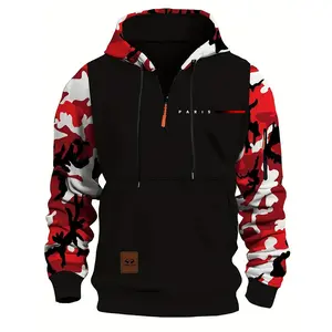 Stitching Hooded Men's Paris Printed Camouflage American Vintage Zipper Sweatshirt Loose Fit Pullover Design with Top Stitching and Slit Pocket Available in Red Army Green Blue and Gray