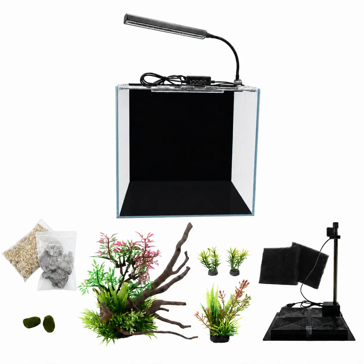 3.85 Gal Rimless Glass Aquarium Starter Kit - Pet Fish Tank with LED Light, Bottom Filtration System, Artificial Driftwood Decor, Natural Stones, Sand - Ready to Use After Rinsing