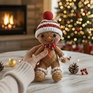Handmade crochet gingerbread doll, cute amigurumi Christmas plush toy with hat and scarf, crochet decor, kawaii gift for kids and her