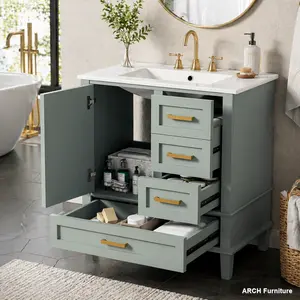 30" Modern Rectangular Arch Wooden Bathroom Cabinet Vanity Sink Combo Set - Solid Wood Frame, Soft-Closing Door, 3 Drawers, Space-Saving Storage for Apartments (Green)