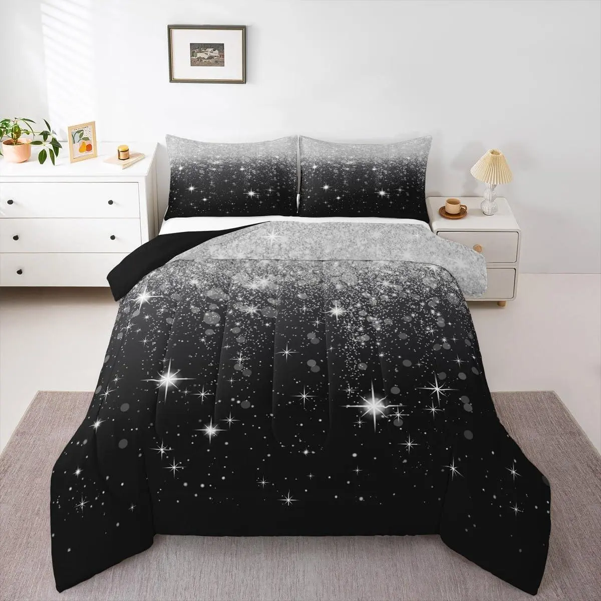 Silver Glitter Print (No Glitter) Comforter Bling Party Decorations Bedding Set Diamond Black Comforter Set BedDuvet Set Quilt Set