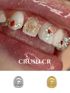 CRUSH CR Minimalist 18K Gold Plated Iced Out Crown Tooth Cap Set for Women, Elegant Crown Design with CZ Accents, Hypoallergenic Removable, Perfect for Daily Street Style, Brunch Dates, Festival Looks Casual Hangouts, Timeless Y2K Dental Jewelry