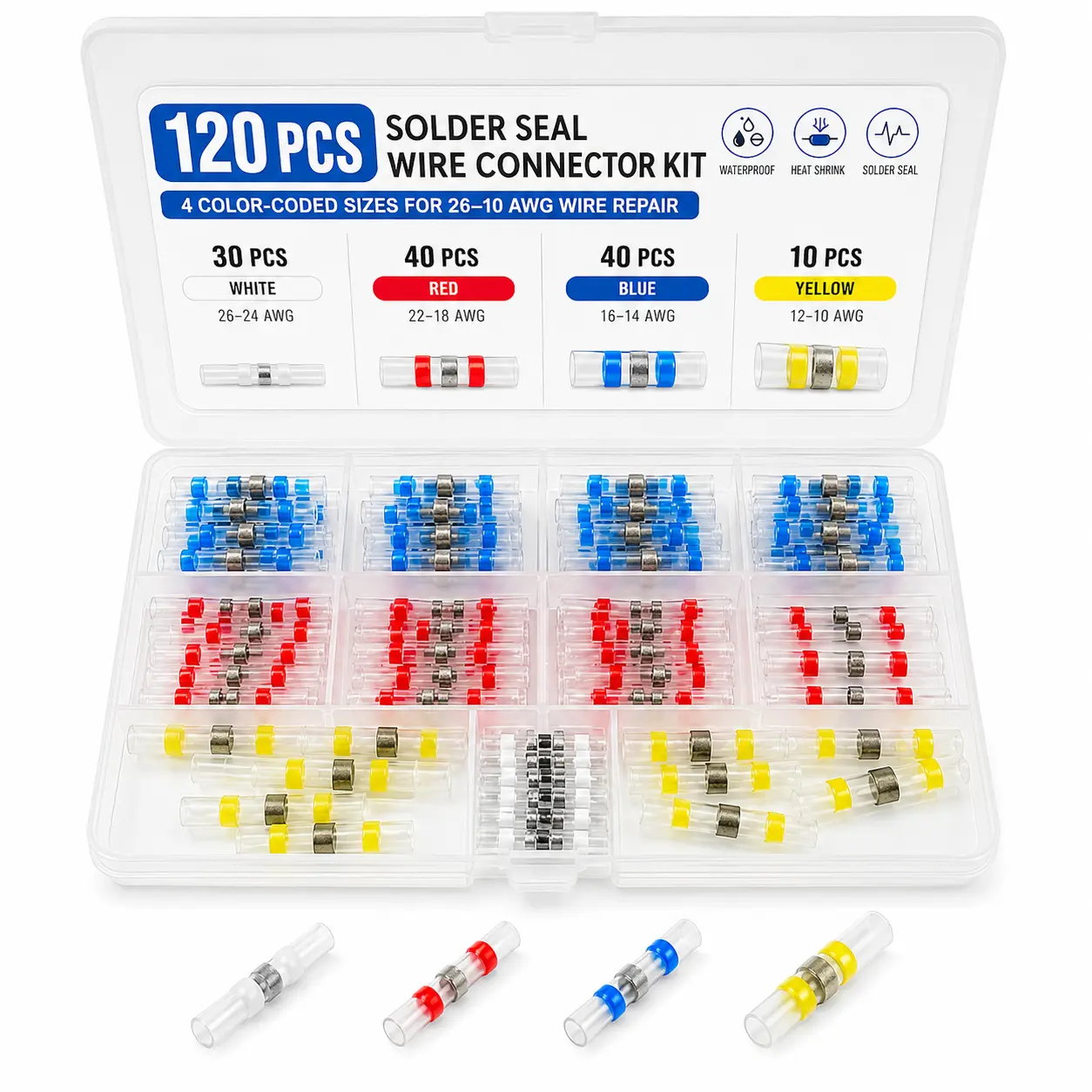 120PCS Solder Seal Wire Connector Kit with White, Red, Blue and Yellow Heat Shrink Butt Connectors, 26-10 AWG, IP66 Sealed Splice Sleeves in Organized Storage Case for Automotive Wiring Repair