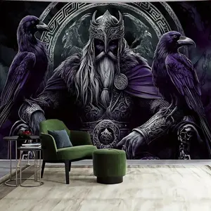 FENDROM Norse Viking Tapestry Odin Warrior Sword Axe Raven Tapestries Square Knot Tattoo Wall Hanging Nordic Meditation Runes for Men Bedroom Aesthetic Gothic Room Home Decor,Gift Halloween