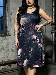 Dark Gothic Skull Print Sleeveless A-Line Dress, Plus Size Curvy Women, Night Out Rock Party Daily Wear, 1 Piece Set