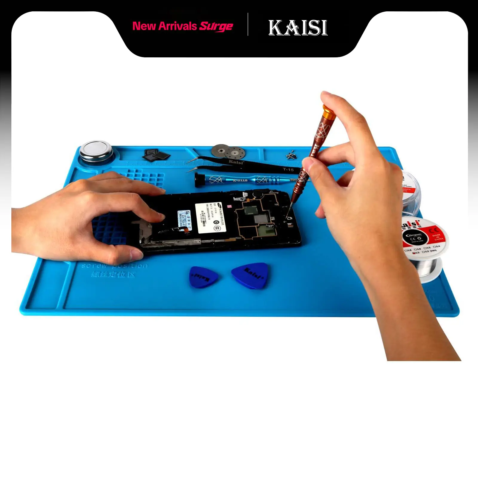 Kaisi S130 Silicone Soldering Repair Mat - 13.8x9.8x0.14 Inch (0.14 in Thick), 932°F Fireproof Fire-Resistant Heat Resistant, with Scale Ruler, for Heavy-Duty Electronics Repair, Home DIY Projects | Springtok Tool