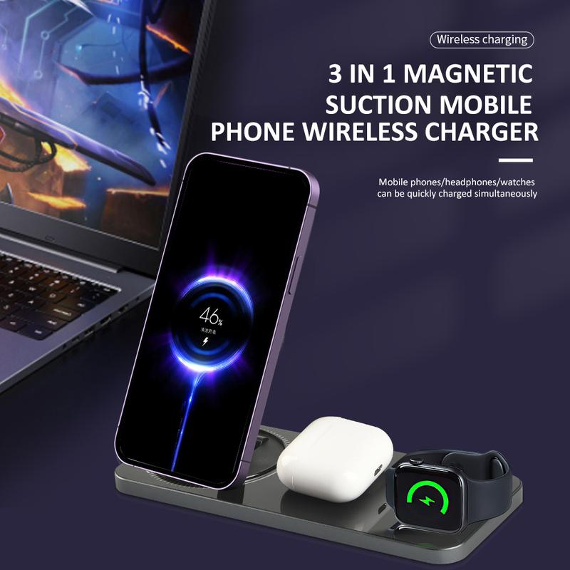 3 in 1 Wireless Charger Dock Station Foldable Max 15W Fast Charging with Magsafe Wireless Charger for iPhone12/13/14/15/16 Series for AirPods iWatch Series Wireless Charger