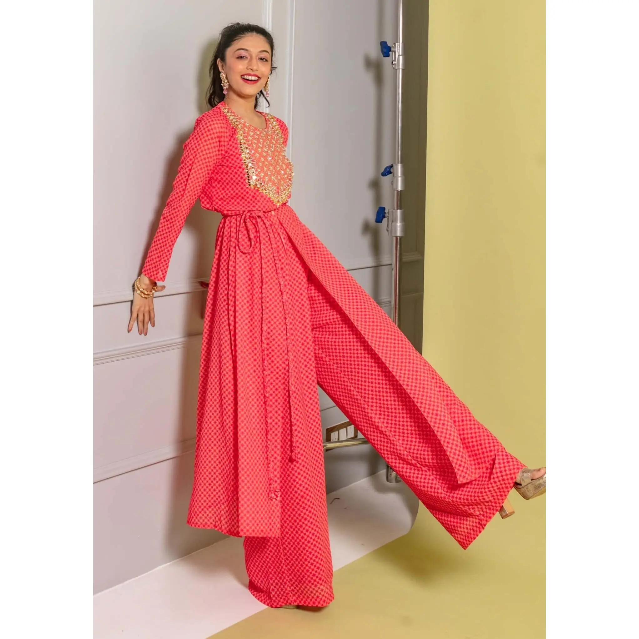 Pink printed kurta and flared pants
