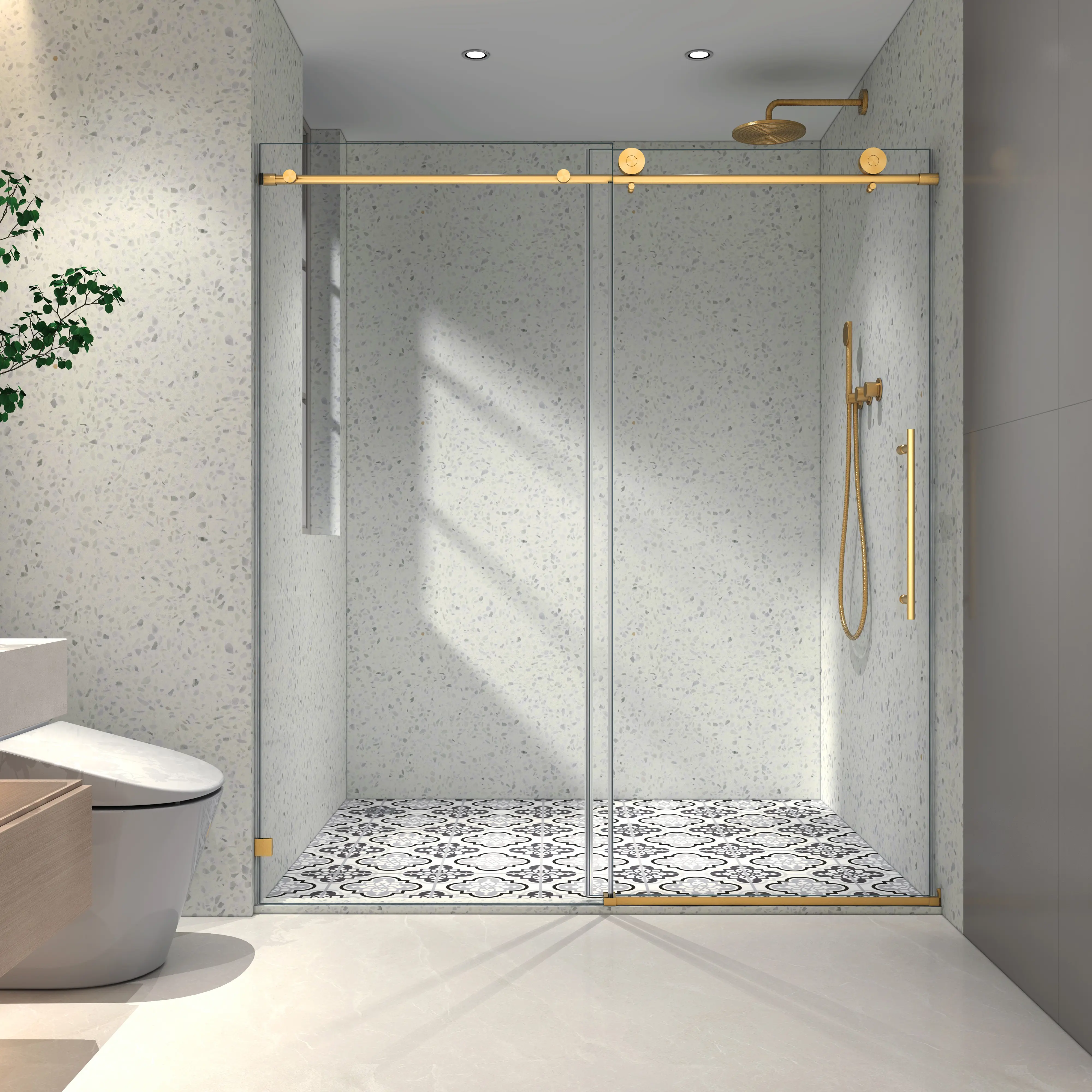 60"W x 76"H Brushed Nickel Frameless Shower Door, One Fixed One Sliding Panel with 70mm 304 Stainless Steel Large Pulleys, Adjustable Soft Closing Function, Nano Easy-Clean Coating, Stick Explosion-Proof Membrane, Modern Bathroom Enclosure