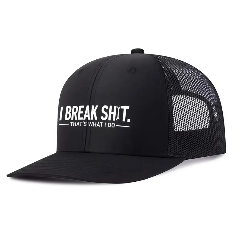 Unisex Baseball Hat - Bold "I Break Shit" Print, All-Season Streetwear Headwear, Mens Hats, Trucker Cap, Sassy Graphic Outdoor Sports Street Fashion Accessory