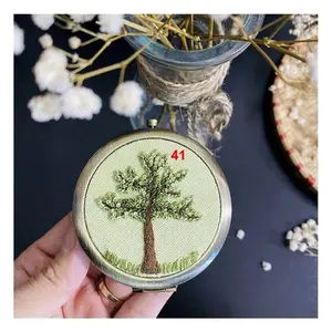 Cute Green Tree Pattern Mini Round Makeup Mirror Embroidery Mirror Handcraft