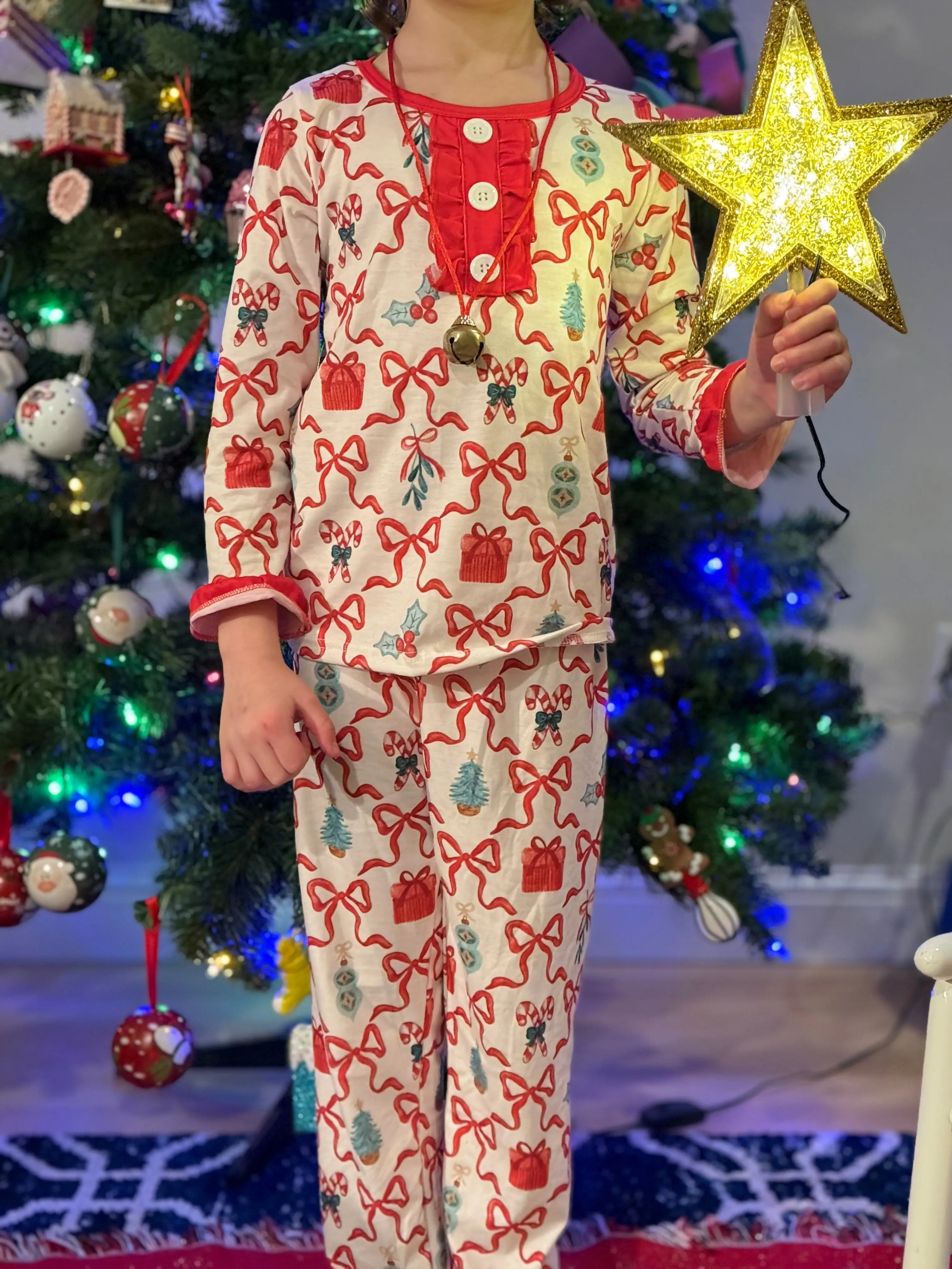 Christmas red gift pattern print long sleeve girls pajama