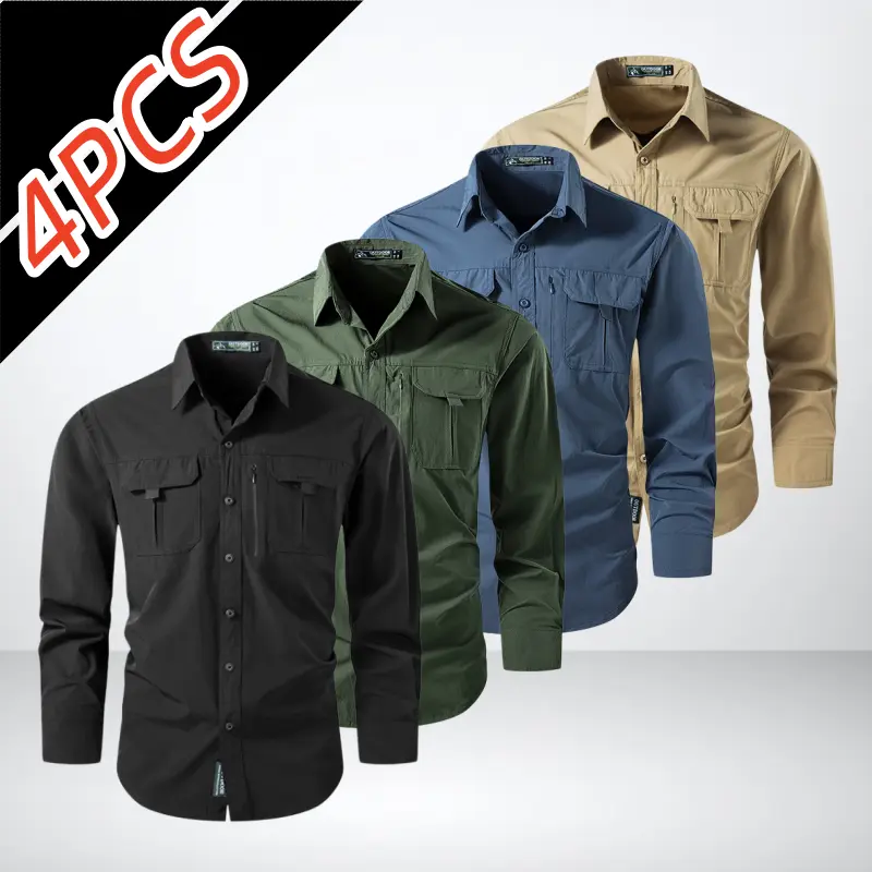 Men's 4-Pack Outdoor Work Long-Sleeve Shirts Tops - Lightweight Breathable Quick-Dry Fabric, Multi-Pocket Practical Design, Slim Non-Cling Fit, Basic Style Sporty Chic for Commuting & Outdoor Activities, Do Not Dry Clean