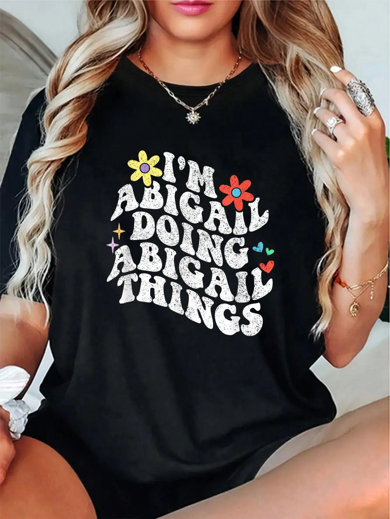 Women's 100% Cotton Short-Sleeve Cute Print T-Shirt - Unisex Groovy "I’m Abigail Doing Abigail Things" Mother’s Day Tee, Soft Breathable, Vibe-Fit Everyday Loungewear, Love-Filled Perfect Gift for Her, Classic Crew, Digital Print