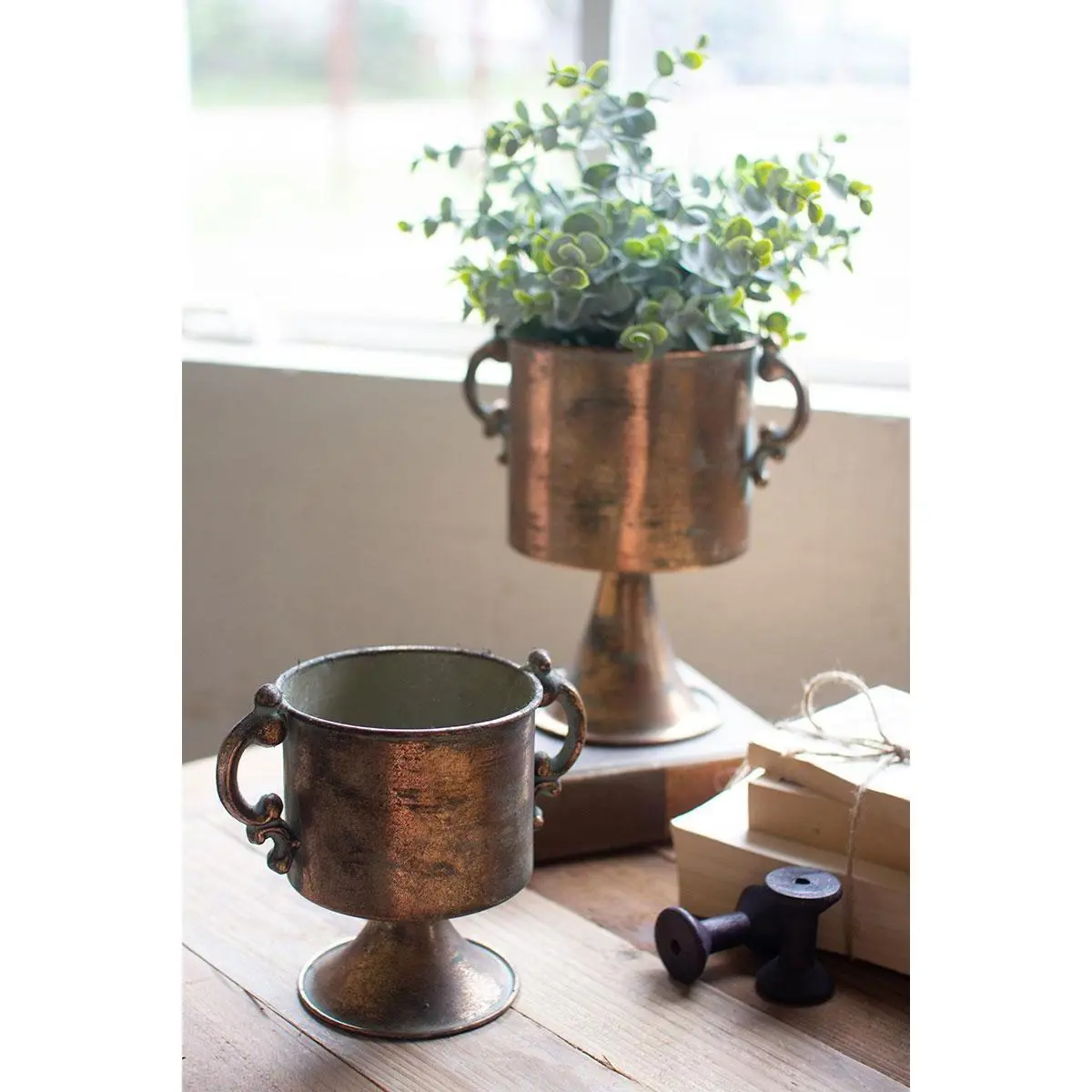 Set Of Two Antique Copper Finish Planters With Handles
