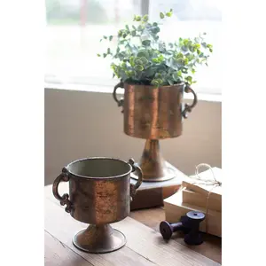 Set Of Two Antique Copper Finish Planters With Handles