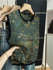 1pc Women's Spring/Summer Back-to-School Loose Crew Neck Sleeveless Knit Top -Dark Blue Trim,Color-Block Blue Tie-Dye Patchwork Branch Print, Vintage Tops, Vest-Layerable